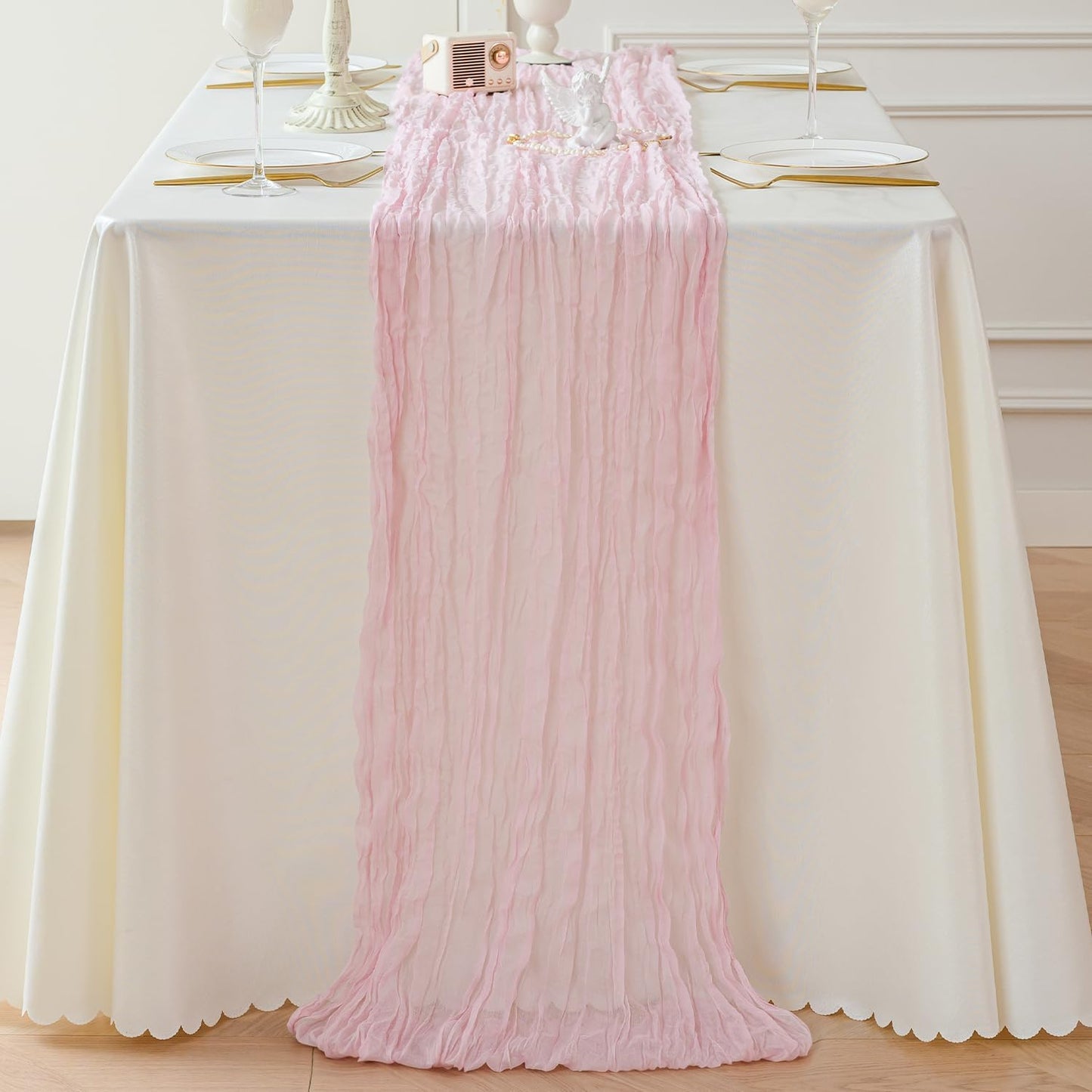 Sioloc 1 Pack Light Pink Cheesecloth Table Runner Fall Autumn Decor for 10ft(35" x120" ) Table