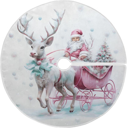Christmas Tree Skirt - 36 Inch Santa Claus Pink Reindeer Xmas Tree Mat for New Year Party
