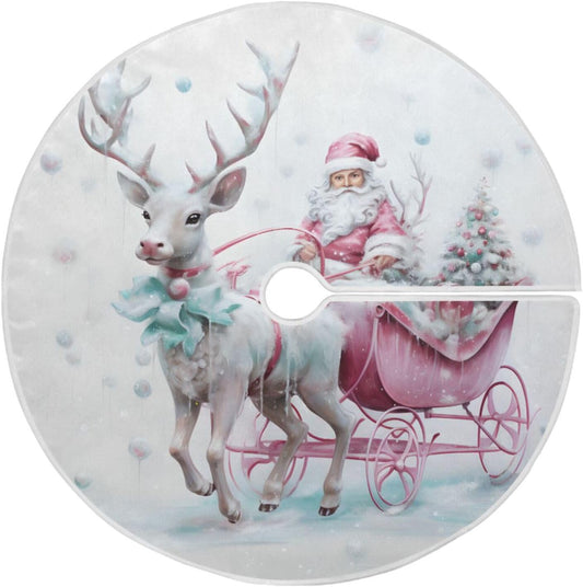 Christmas Tree Skirt - 36 Inch Santa Claus Pink Reindeer Xmas Tree Mat for New Year Party