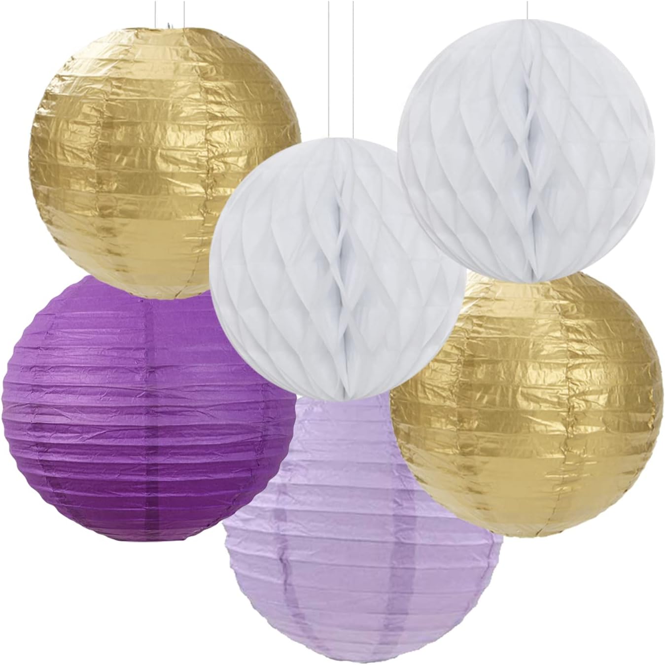 Purple-Gold Party Decorations Streamers Lanterns - 14pcs White Lavender Paper Fan Graduation Woman