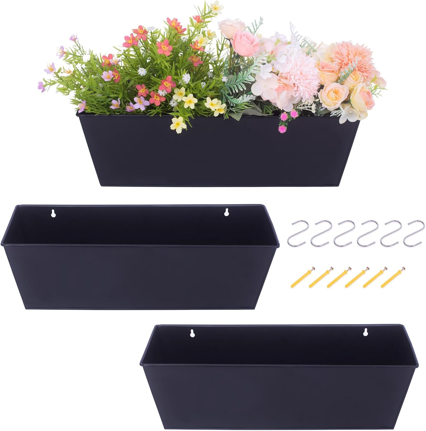 Wall Hanging Planters for Outdoor Plants 16 Inch Large Metal Fence Pots with Hooks for Outside