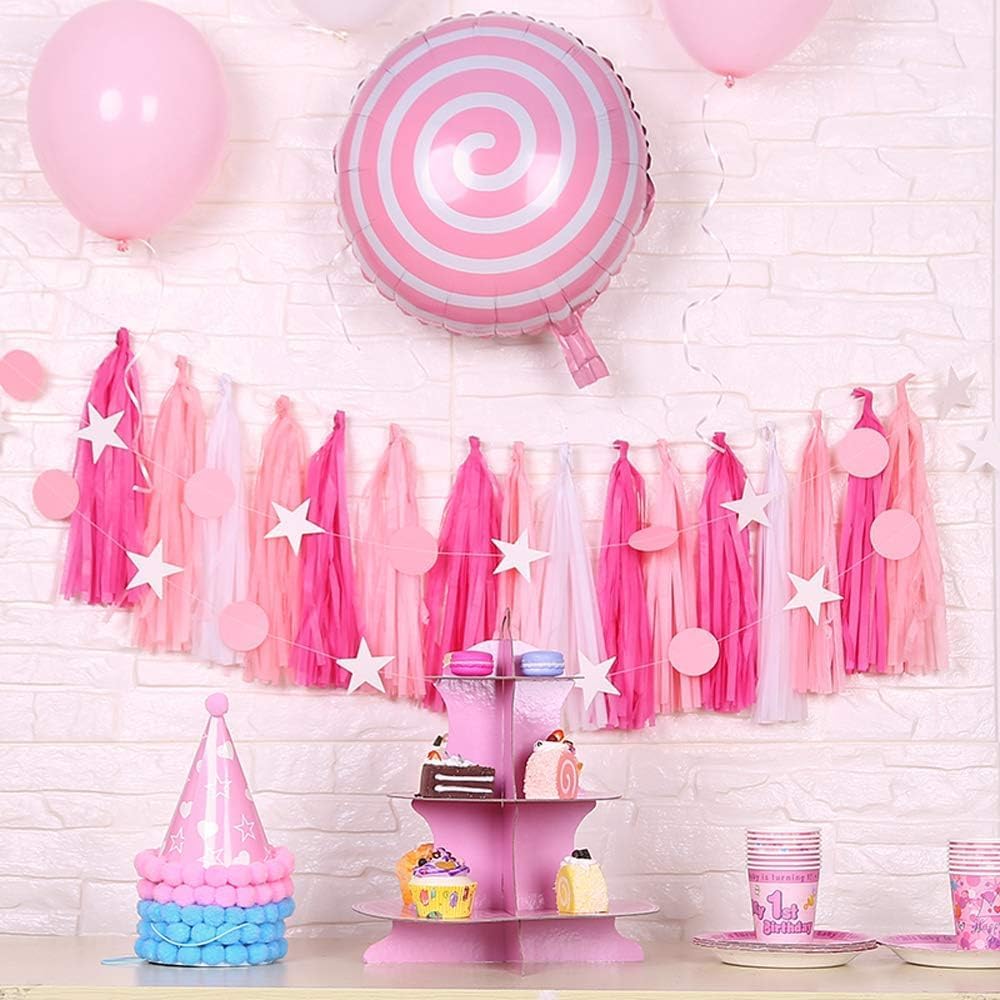 Pink Party Decorations,Hot Pink Light Pink and Pink Paper Tissue Tassel Garland Banner,15 Pcs
