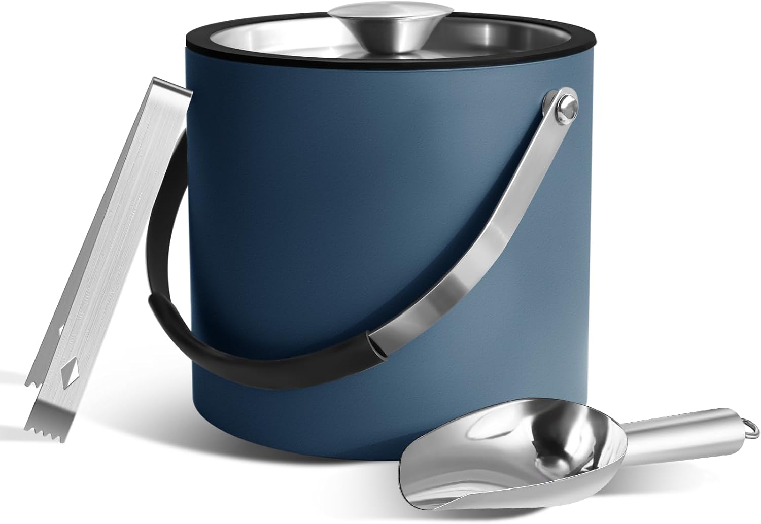 3L Ice Bucket with Silicone Lid, Scoop, Tongs & Strainer, Stainless Steel Double Wall Insulated Ice