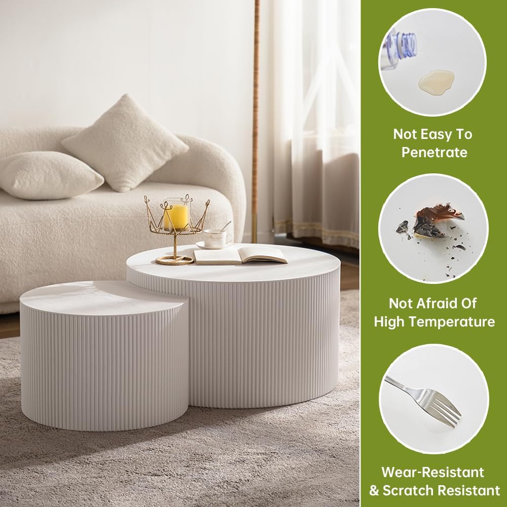 Round Nesting Coffee Table Modern White Fluted Coffee Table Set of 2 Stripe Cream Round Coffee