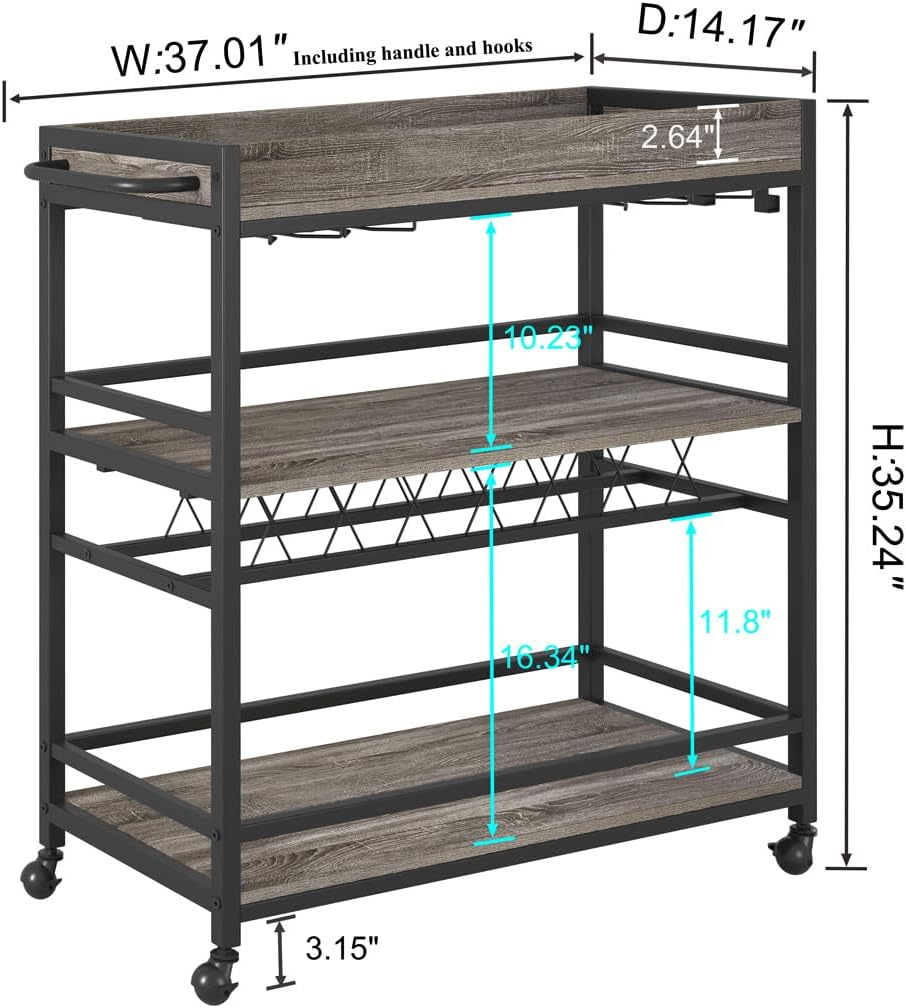 BON AUGURE Bar Cart, Home Bar Serving Cart on Wheels, Mobile 3 Tier Liquor Beverage Carts with Wine