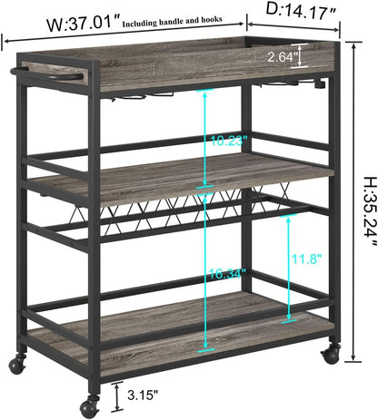 BON AUGURE Bar Cart, Home Bar Serving Cart on Wheels, Mobile 3 Tier Liquor Beverage Carts with Wine