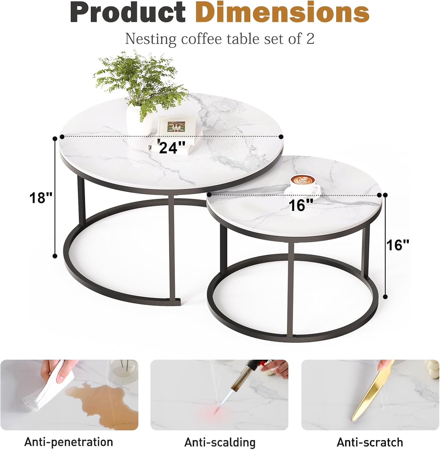Round Nesting Coffee Table, White Modern Decorative Coffee Center Table Set of 2,Round Sintered