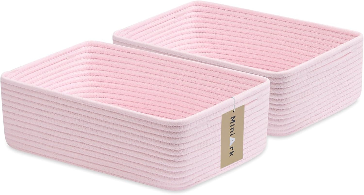 Large Shallow Organizing Baskets 15x11x5.1 Inches - Rope Woven Storage Bins for Bathroom, Shelves