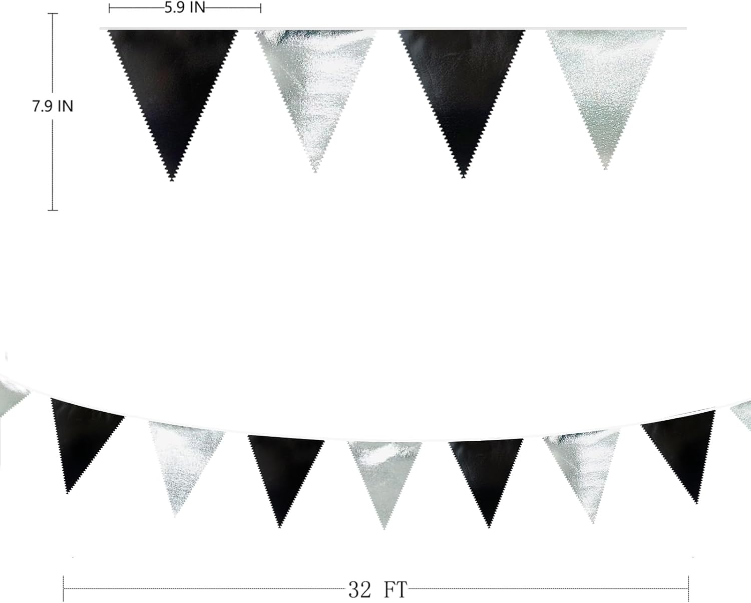 Black and Silver Party Decorations Triangle Pennant Banner Flag Metallic Fabric Bunting Garland for