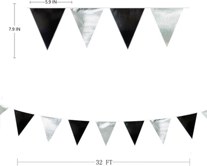 Black and Silver Party Decorations Triangle Pennant Banner Flag Metallic Fabric Bunting Garland for
