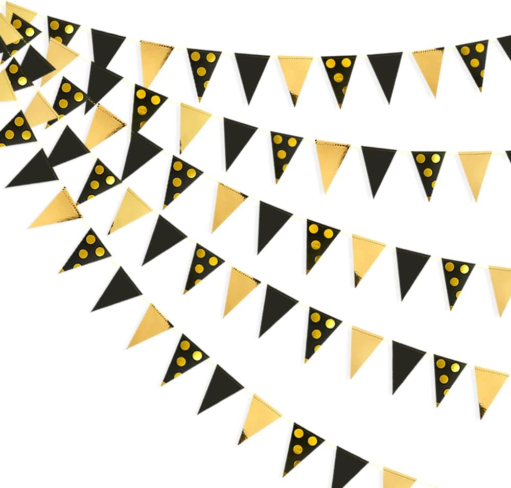 30Ft Black Gold Party Decorations Polka Dot Pennant Banner Paper Circle Dot Triangle Flags Bunting