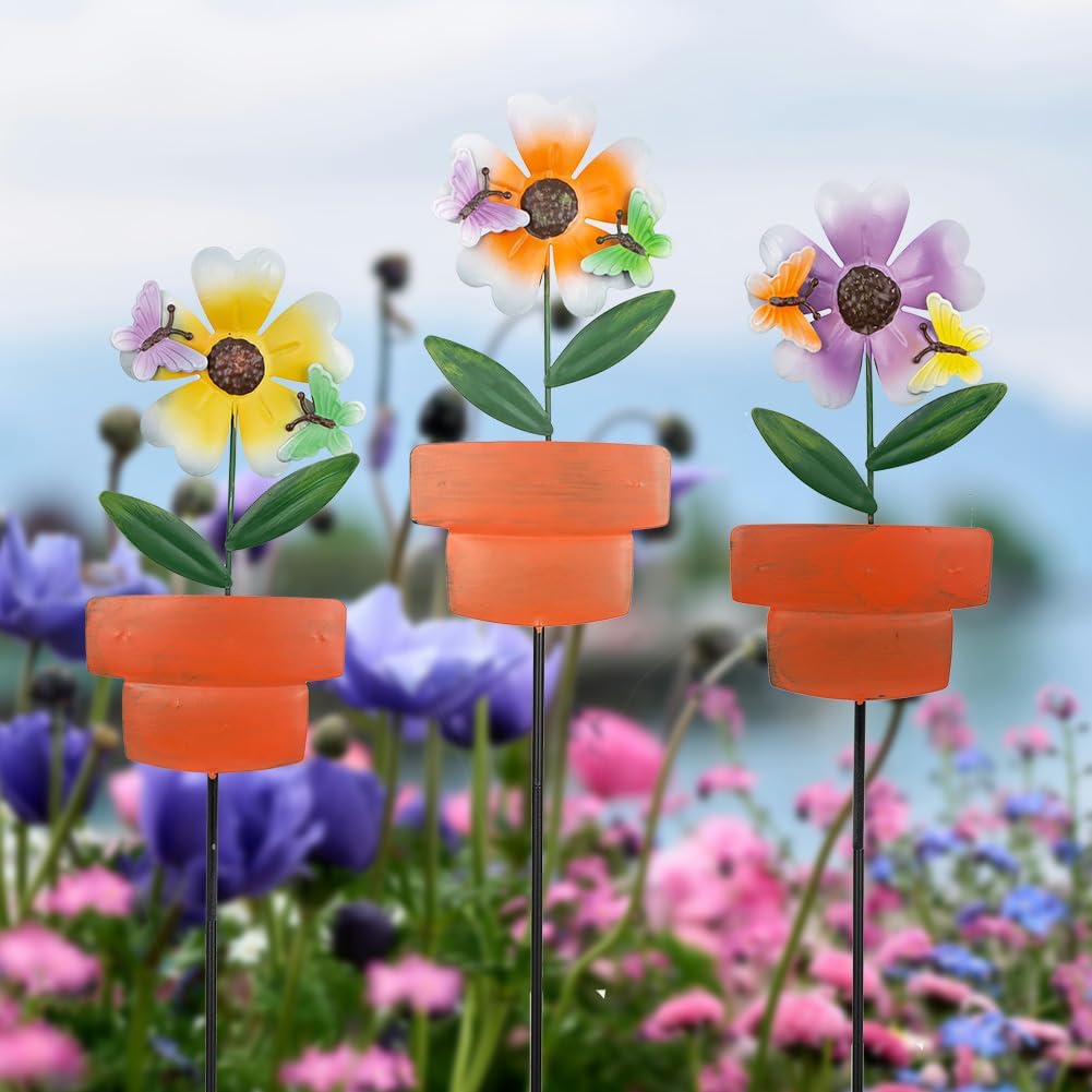 Metal Garden Stakes Decor,3 Pack Flowers Pot Decorative Garden Stakes, Waterproof Spring Outdoor