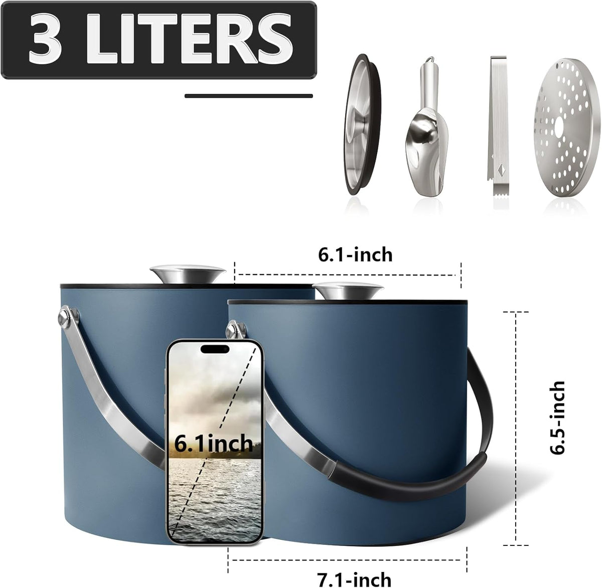 3L Ice Bucket with Silicone Lid, Scoop, Tongs & Strainer, Stainless Steel Double Wall Insulated Ice