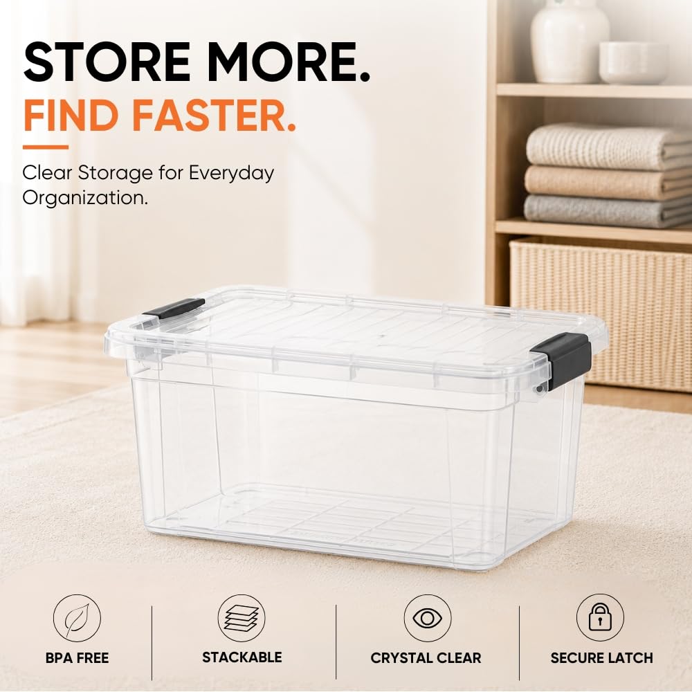 Superio Small Clear Storage Box with Lid, 4.75 Quart Plastic Container Bins for Organizing