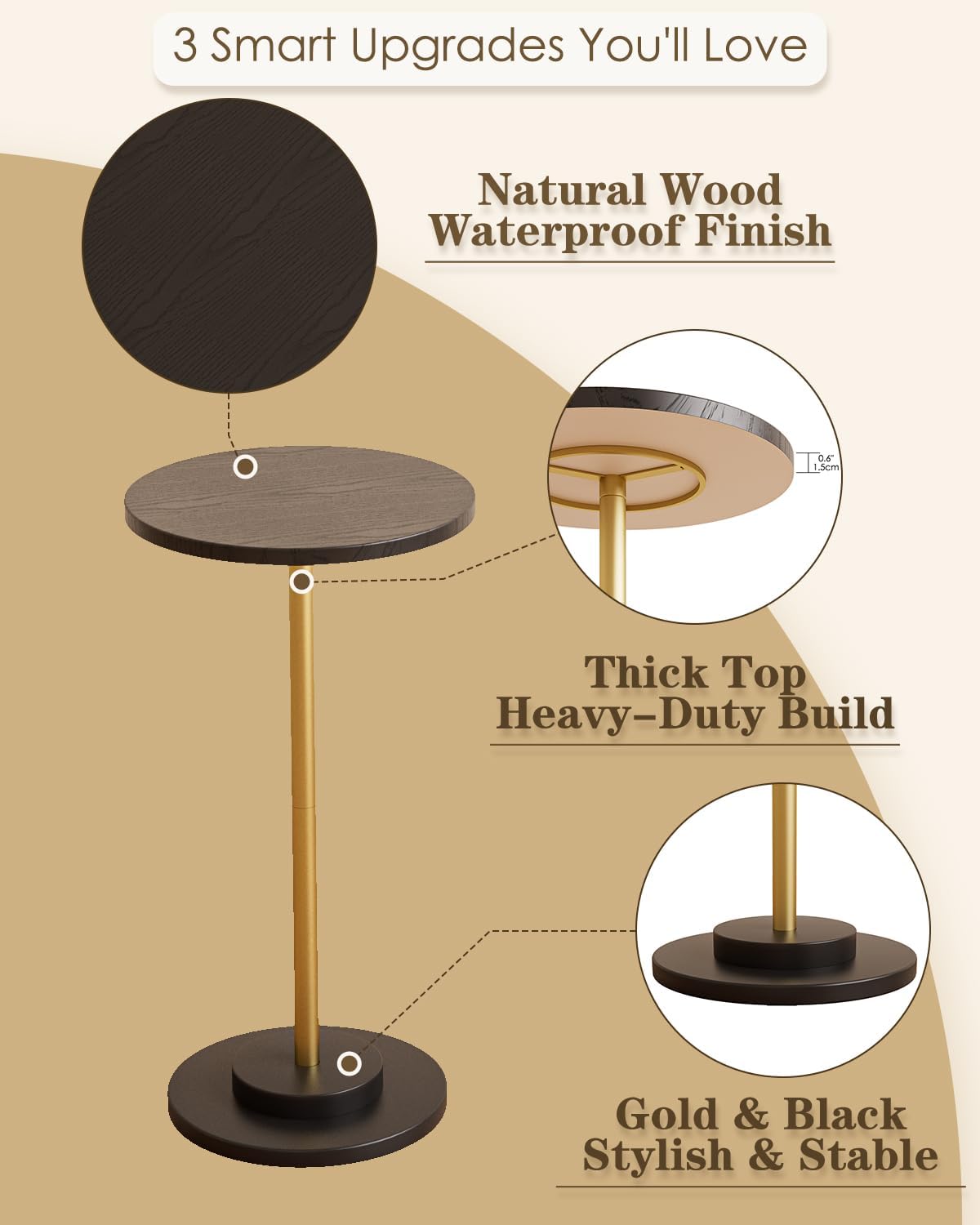 Masupu Drink Table, Round Side Table for Small Spaces, Pedestal Side Table, Small End Table with
