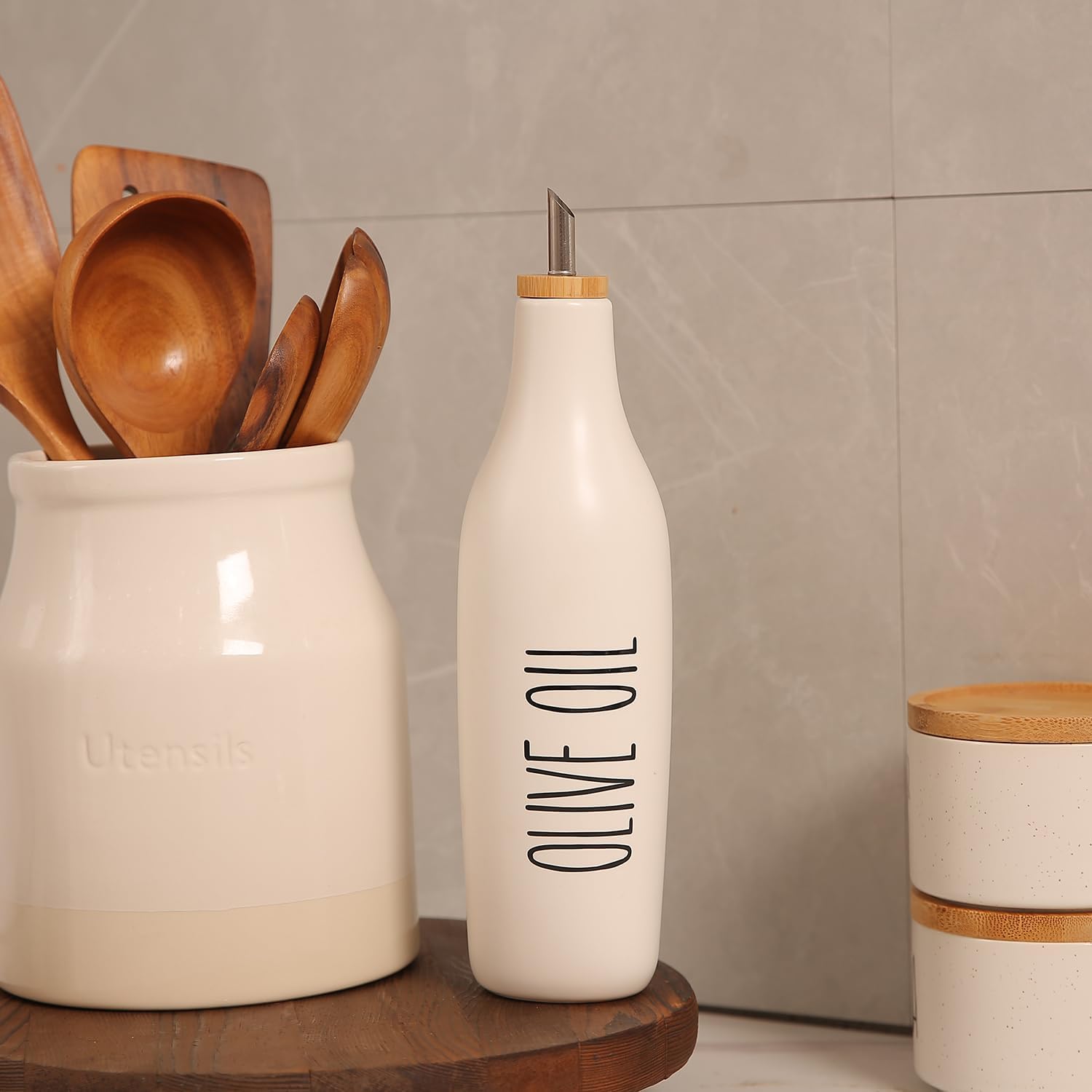 HOMCDALY Ceramic Olive Oil Dispenser for Kitchen, Stoneware 16oz Oil Cruet and Vinegar Bottles