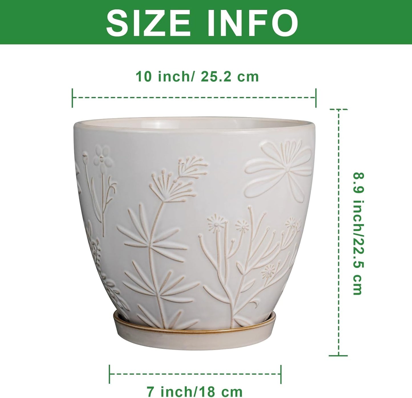 10 Inch Plant Pot Ceramic Planter Pot with Drainage Hole and Saucer Round Planter Large Flower Pot