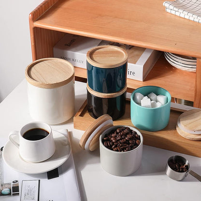Sweejar Kitchen Canisters Ceramic Food Storage Jar, Stackable Containers with Airtight Seal Wooden