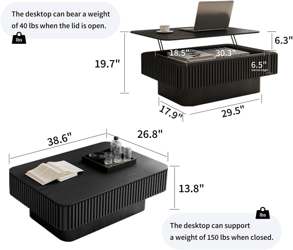 Lift Top Coffee Table with Storage, Solid Wood Coffee Table with Adjustable Height, Fluted Center