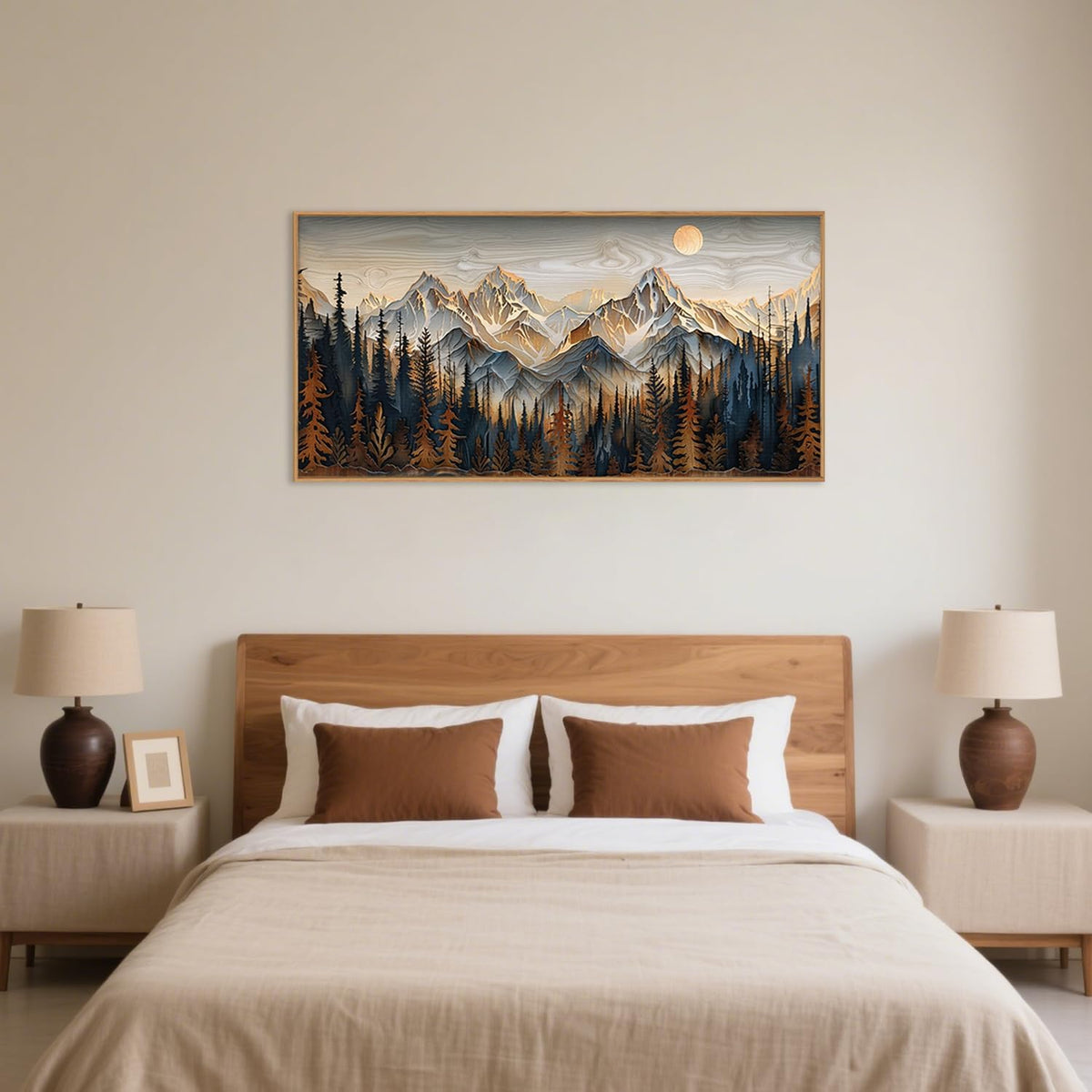 Celestdeco Wood Mountain Framed Canvas Wall Art Set, Pine Trees Wall Painting, Ridge Scenery Wall