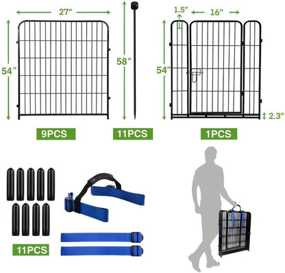 ADAVIN Tall Garden Fence Wide Door Low Threshold, 54 inch High 10 Panels Total 22.1 Ft(L), Black