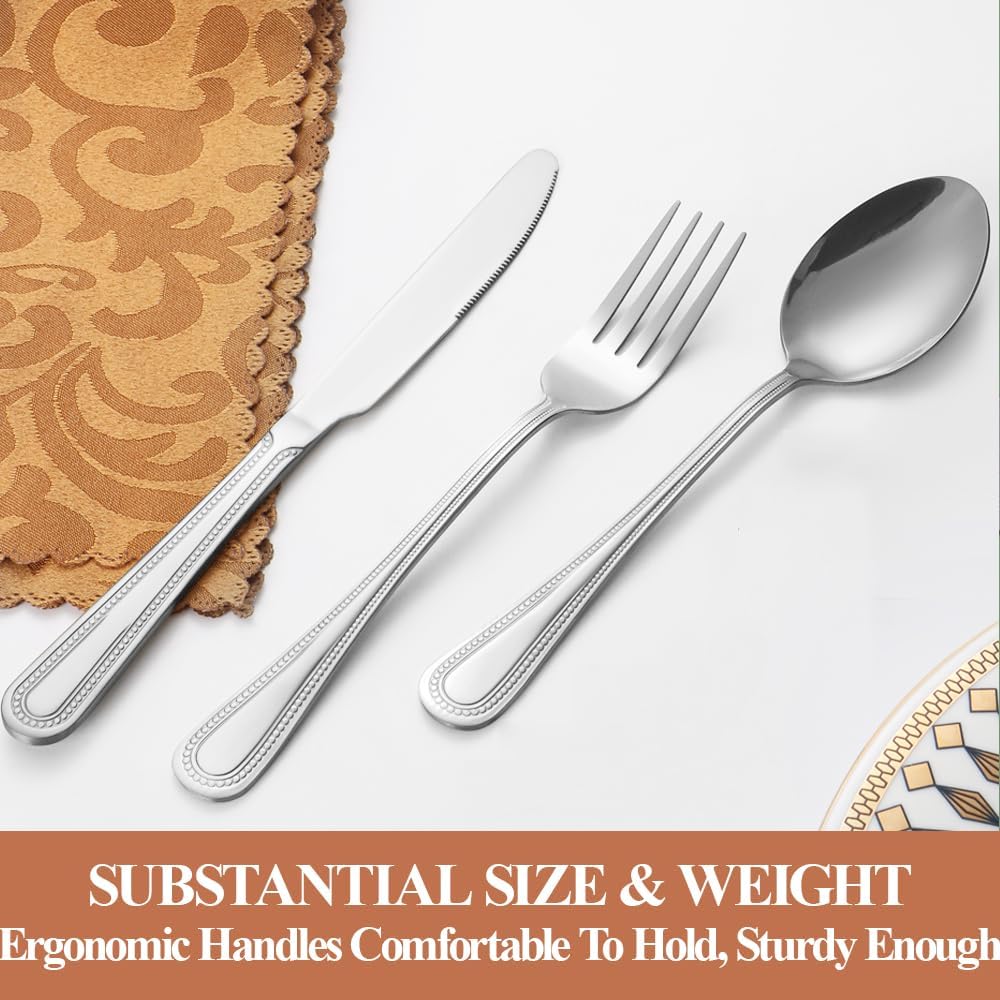 40 Pcs Silverware Set for 8 with Pearled Edge Handle design, Food Grade Stainless Steel Flatware
