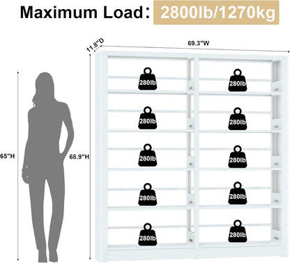 5-Tier Industrial Book Shelf, White Bookcases and Bookshelves,Tall Metal Bookcase Storage