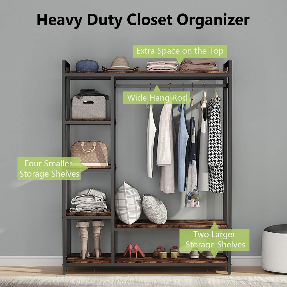 LITTLE TREE Free Standing Wood Closet Clothes Rack,Heavy Duty Grament Rack with Shelves,Hanging
