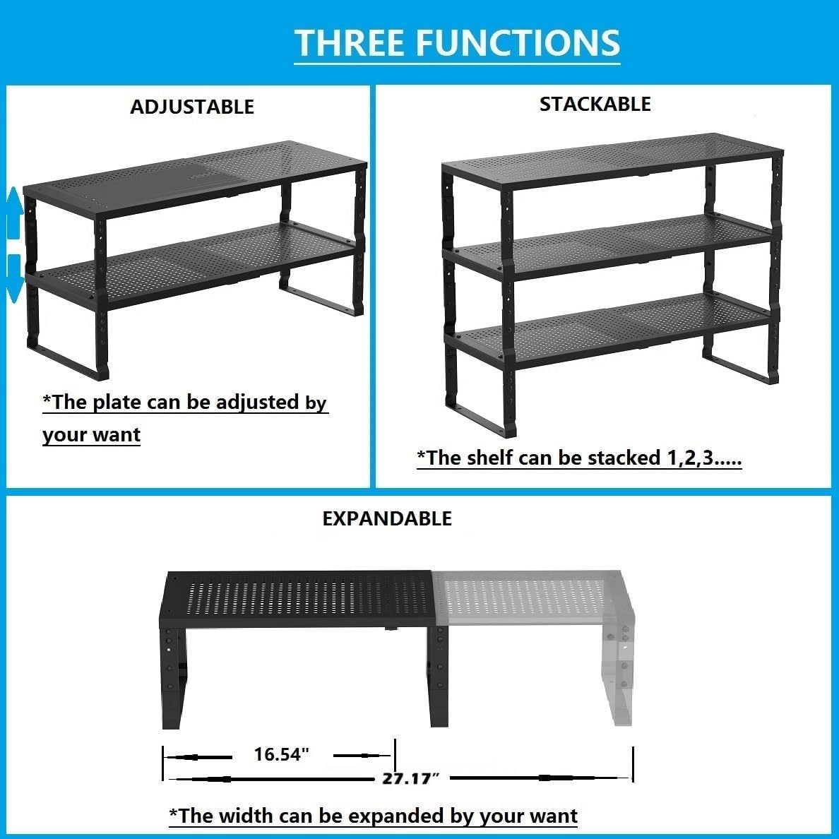 Expandable,Adjustable & Stackable Spice Rack, Cabinet Kitchen Countertop Shelf Organizer,Metal
