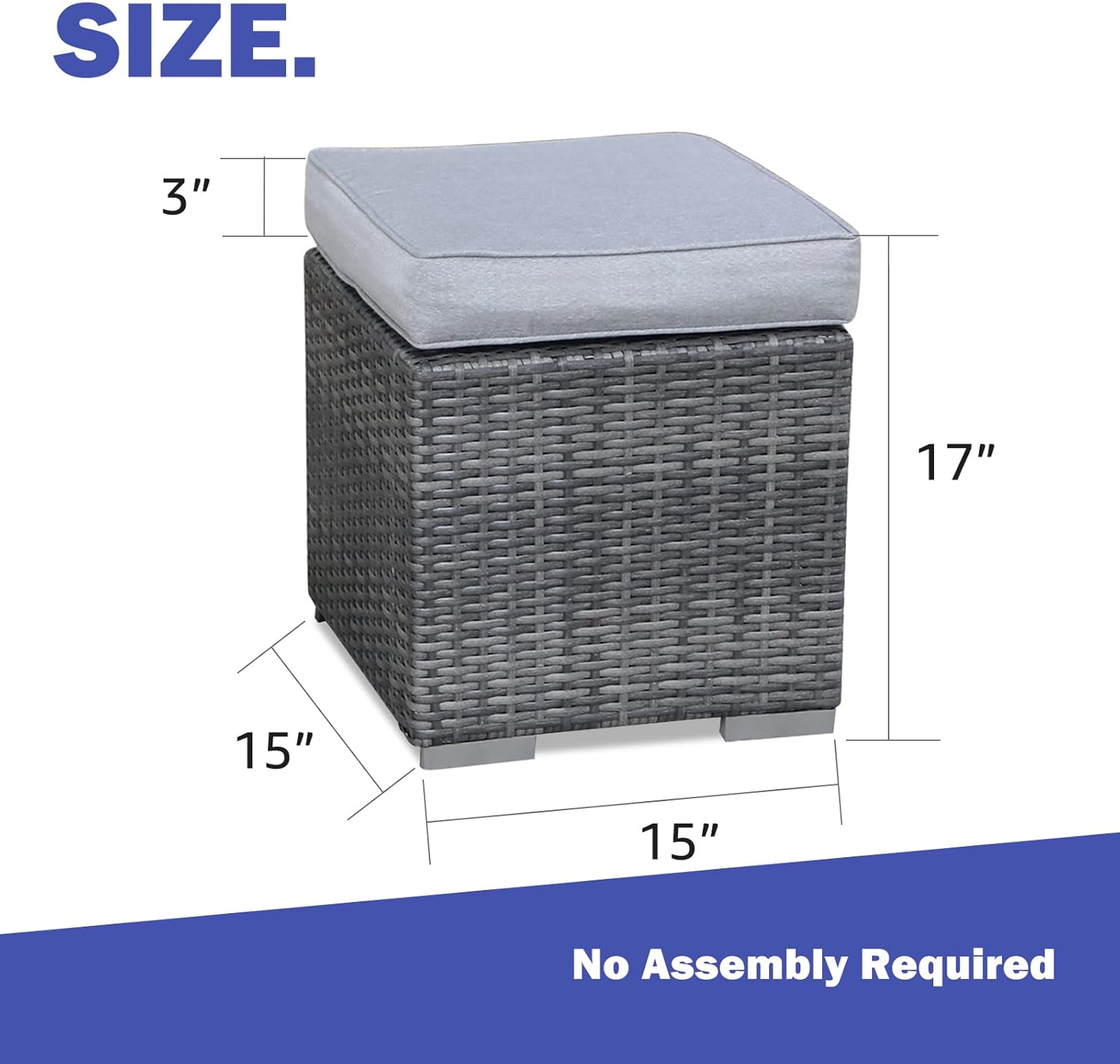 Patiorama 2 Pieces Assembled Outdoor Patio Ottoman, Indoor Outdoor All-Weather Grey Wicker Rattan