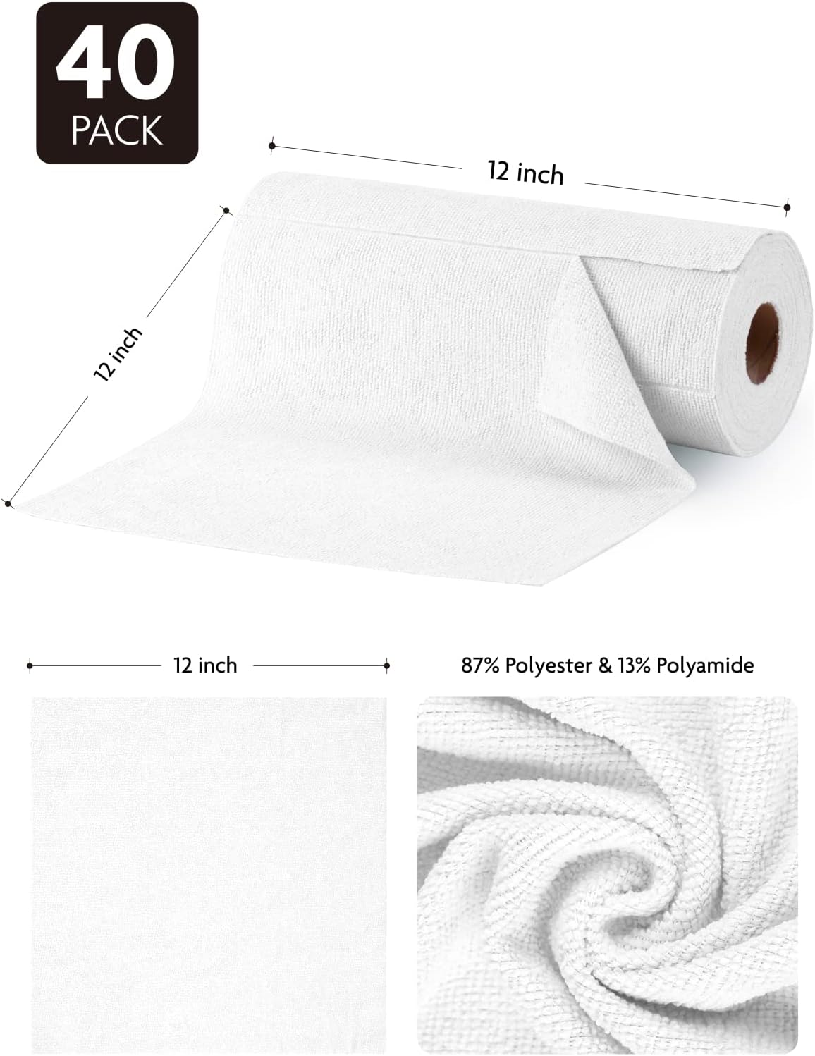 Fantasticlean Microfiber Cleaning Cloth Roll -40 Pack, Tear Away Microfiber Towels, 12" x 12"
