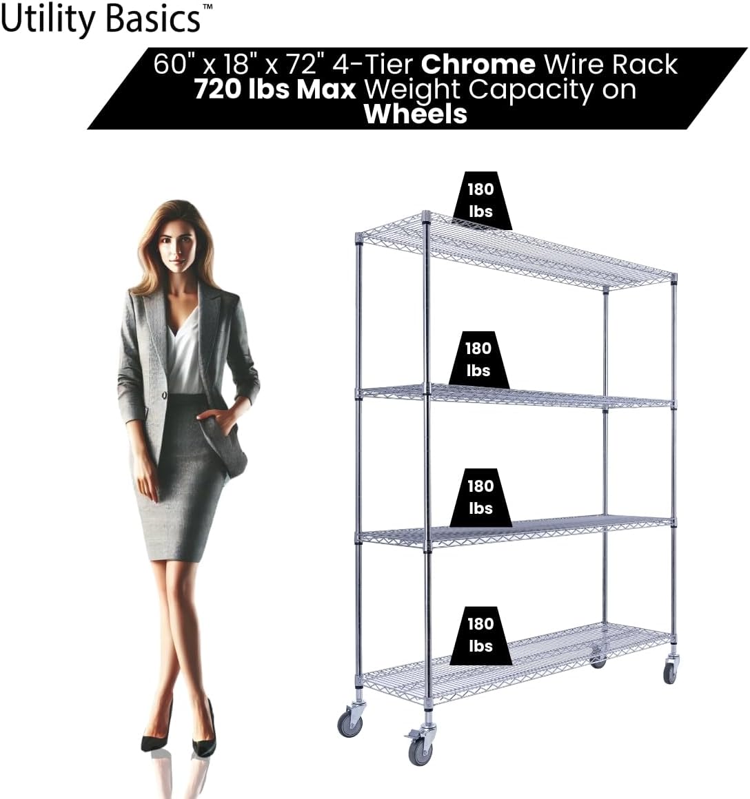 60"x18"x72" Chrome Premium Metal Steel Wire Shelving 4-Tier NSF 3200 LBS MAX Capacity Heavy Duty