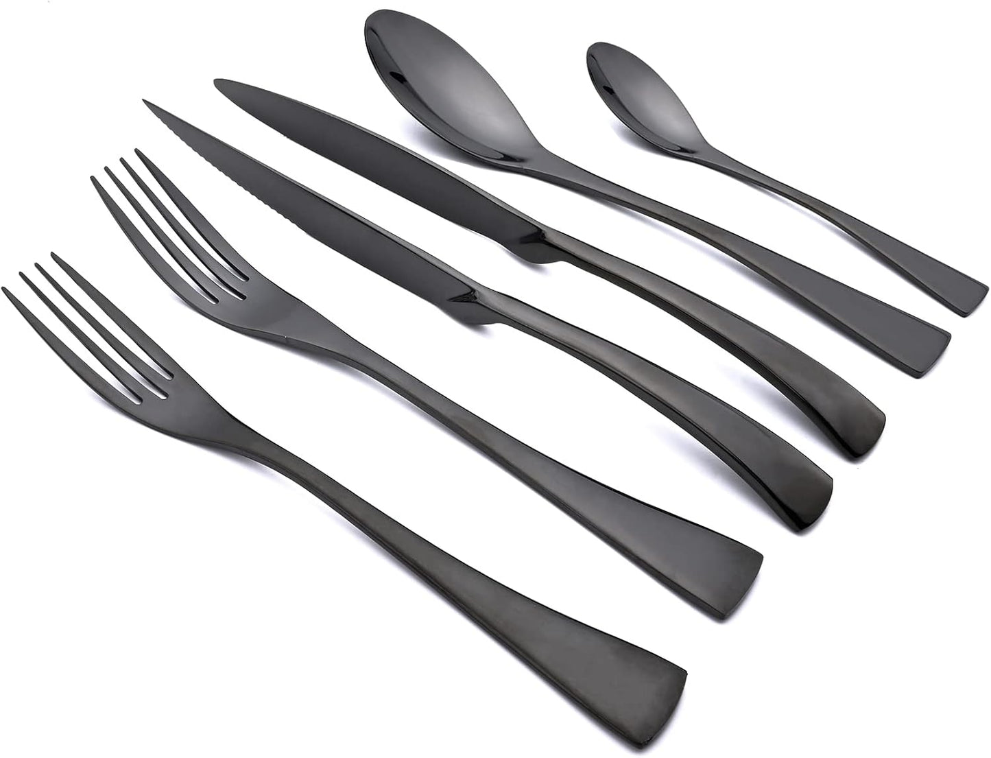 24-Piece Black Flatware, Mirror 18/10 Stainless Steel Modern & Luxury Dinnerware Set With Serrated