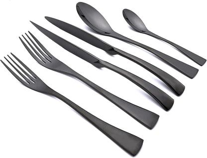 24-Piece Black Flatware, Mirror 18/10 Stainless Steel Modern & Luxury Dinnerware Set With Serrated