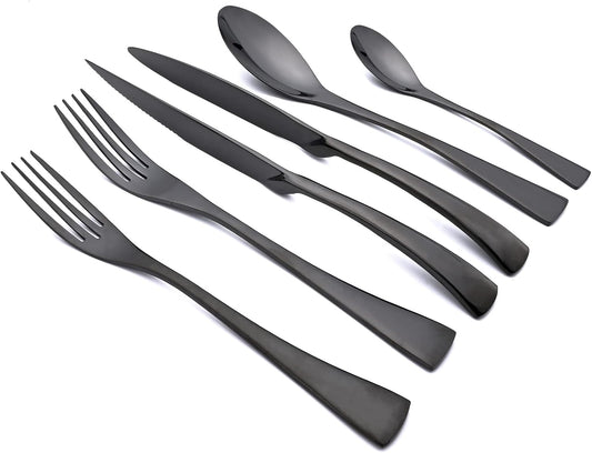24-Piece Black Flatware, Mirror 18/10 Stainless Steel Modern & Luxury Dinnerware Set With Serrated