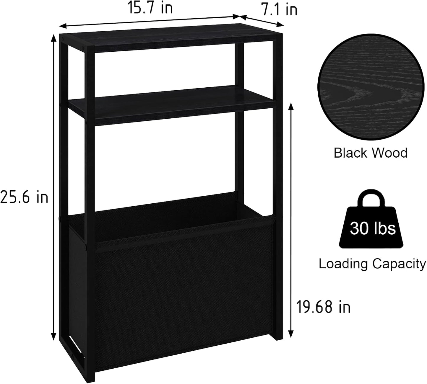 Black Side Table, Slim Side Table with Magazine Rack, Bathroom Table for Small Spaces, Narrow