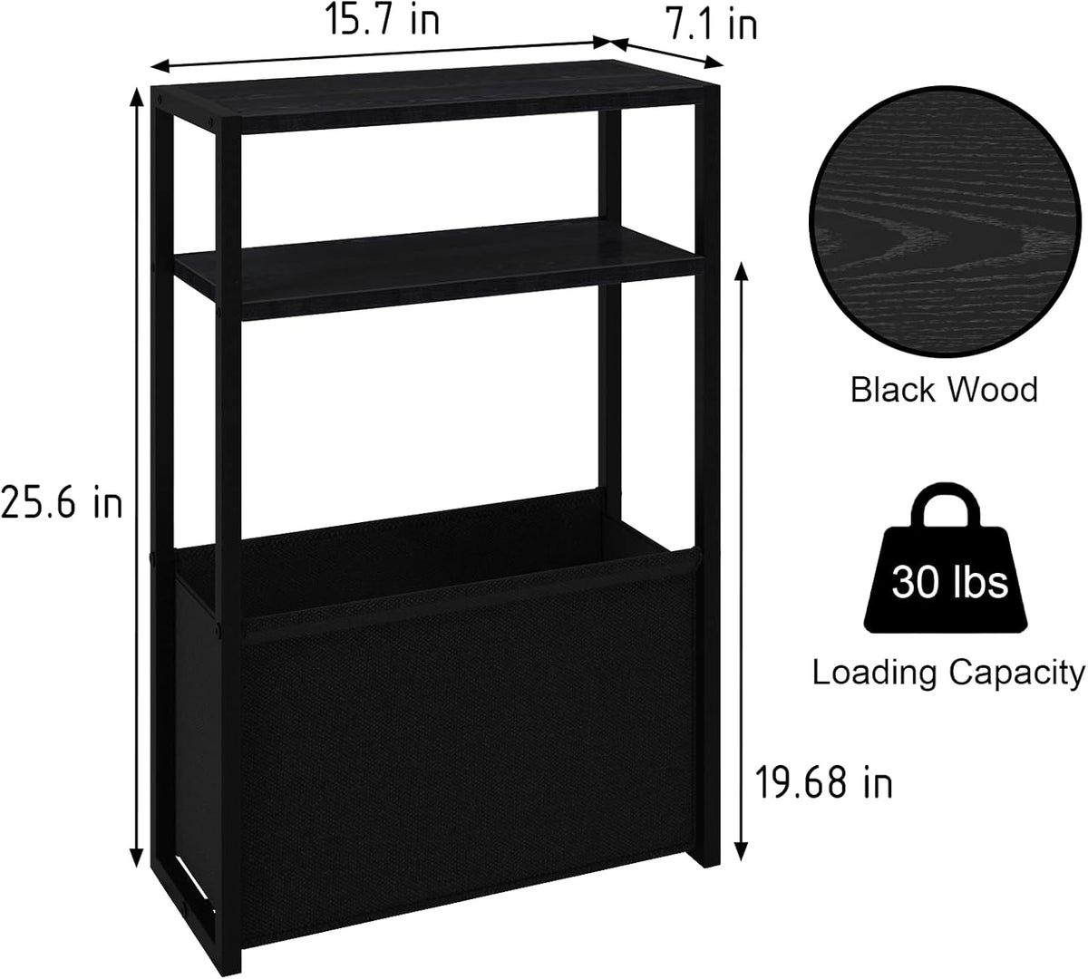 Black Side Table, Slim Side Table with Magazine Rack, Bathroom Table for Small Spaces, Narrow