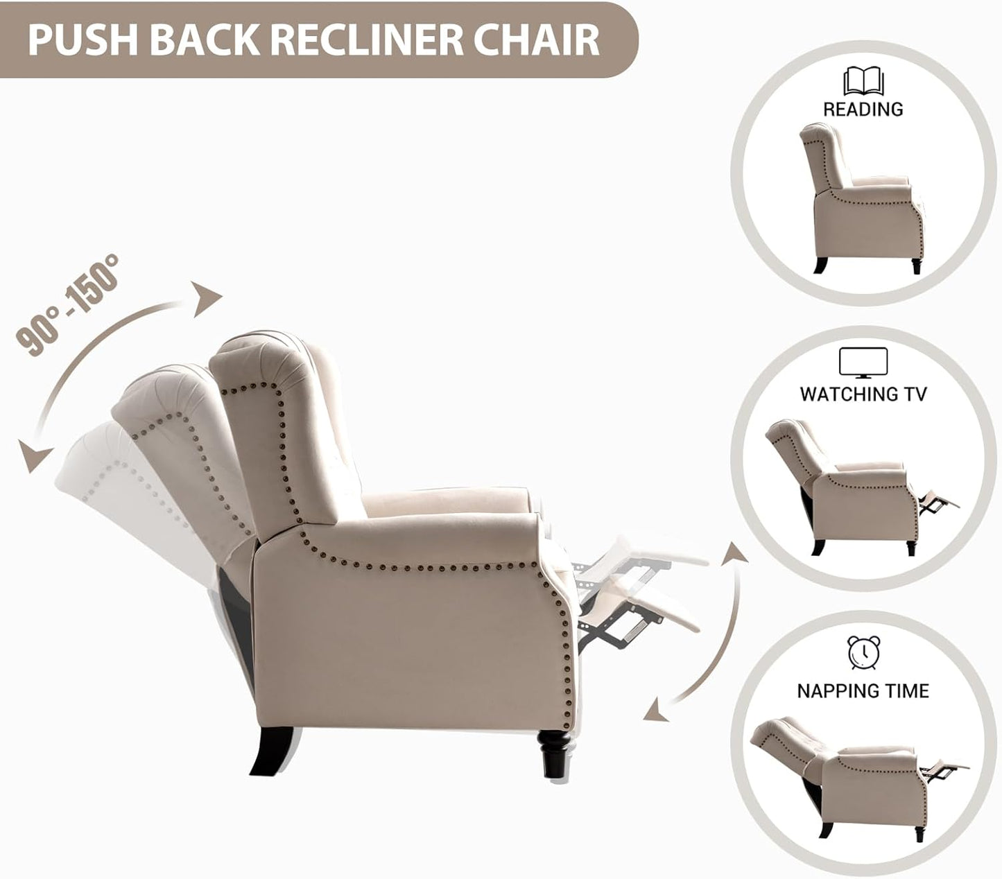 EBELLO 2 Pcs Pushback Recliner Chairs, Fabric Armchair Push Back Recliner with Rivet Decoration