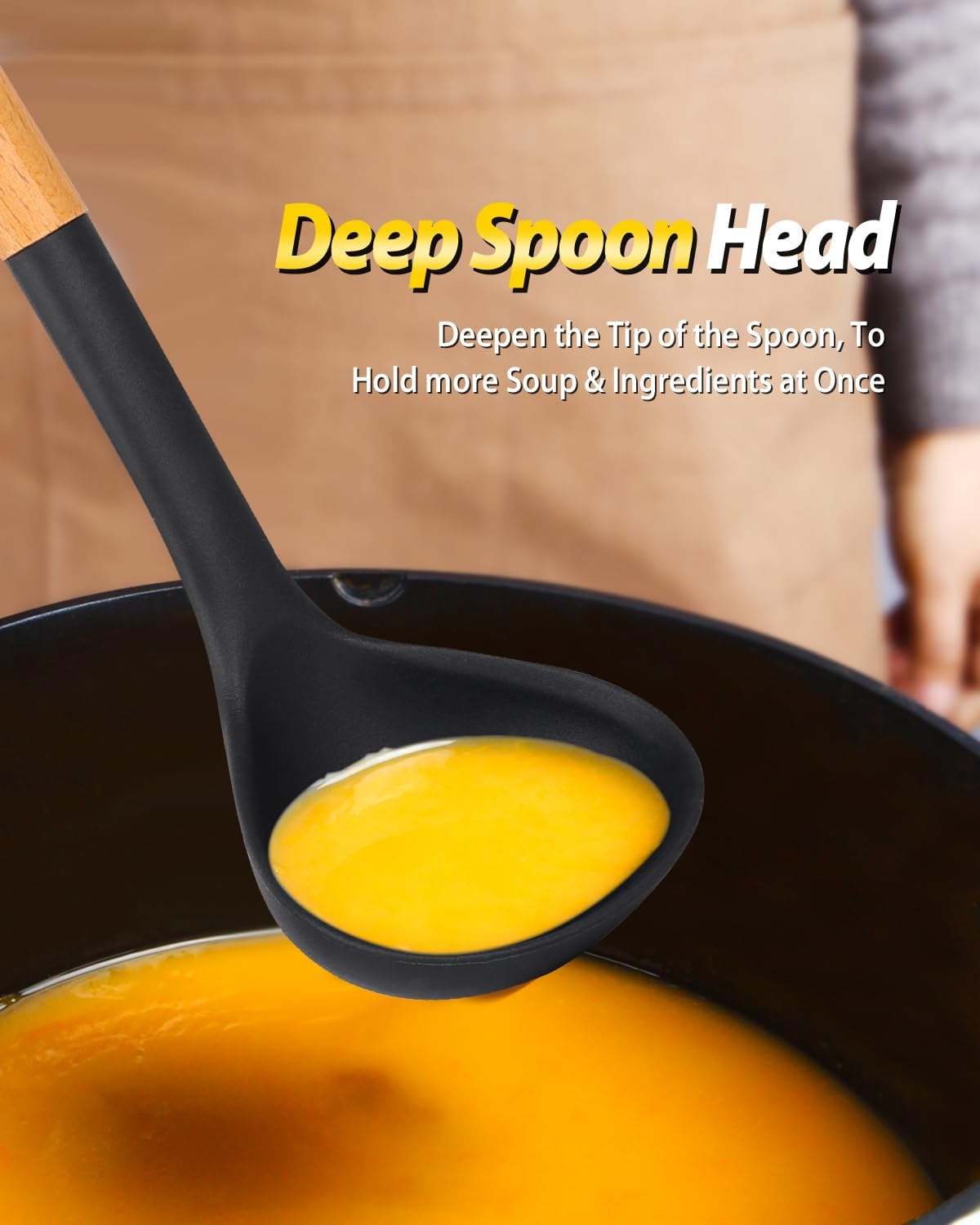 Silicone Pasta Fork and Ladle Spoon Set with Wooden Handle, Heat Resistant Non Stick Kitchen