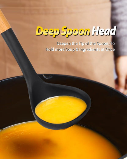 Silicone Pasta Fork and Ladle Spoon Set with Wooden Handle, Heat Resistant Non Stick Kitchen