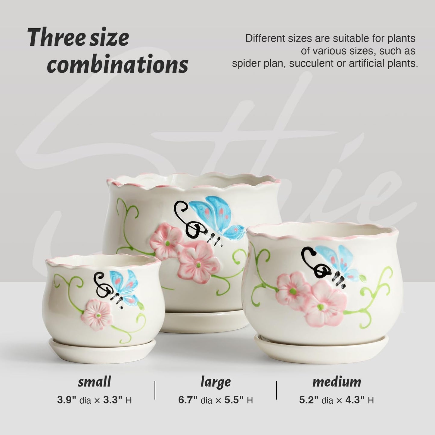 Ceramic Plant Pots with Drainage Holes and Saucers, Round Flower Pots for Indoor Plant, 3.9/5.2/6.7