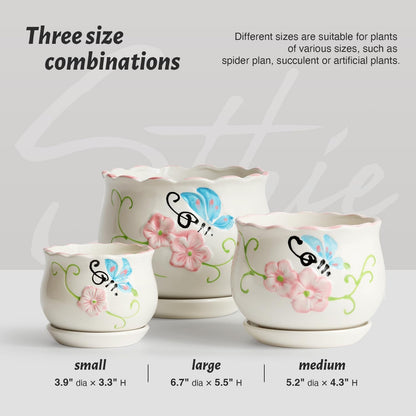 Ceramic Plant Pots with Drainage Holes and Saucers, Round Flower Pots for Indoor Plant, 3.9/5.2/6.7