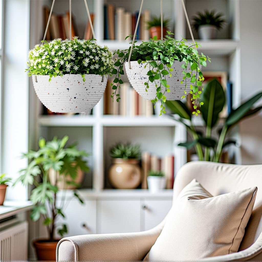 Line Pattern 10 Inch Hanging Planter for Indoor Outdoor Plants, 2 Pack Round Hanging Pots for