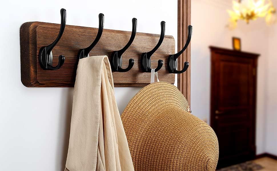 Dseap Wall Mounted Coat Rack: Patented, Heavy-Duty, 17.4" Long 5-Double-Hooks Wooden Hanger Rail