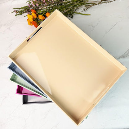 Beige Decorative Tray, Rectangular Large Serving Tray with Handles, Plastic Coffee Table Tray for
