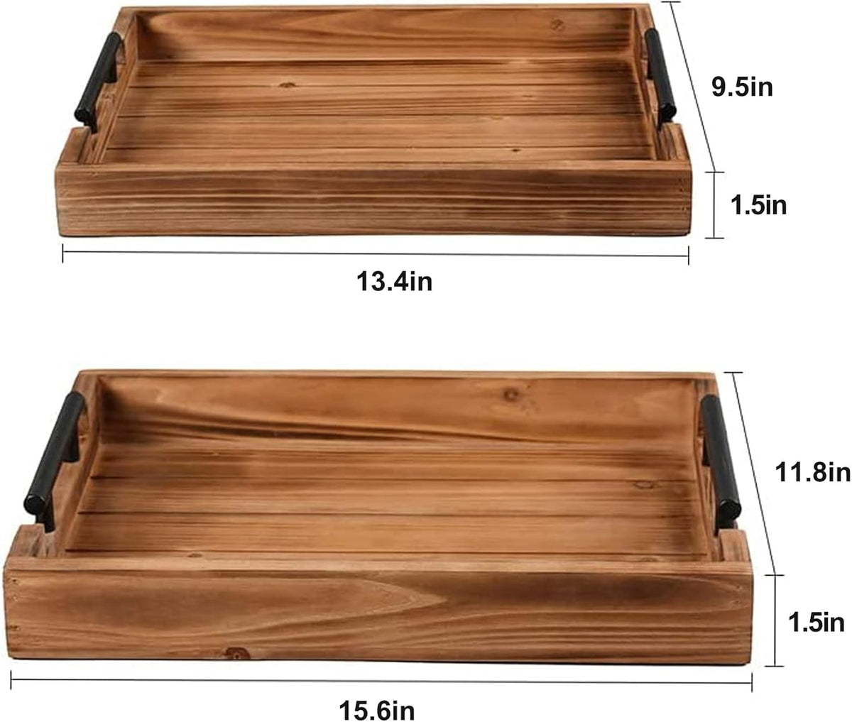Set of 2 Decorative Nested Wood Vintage Serving Tray with Black Stainless Steel Handles for Eating