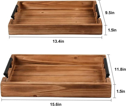 Set of 2 Decorative Nested Wood Vintage Serving Tray with Black Stainless Steel Handles for Eating