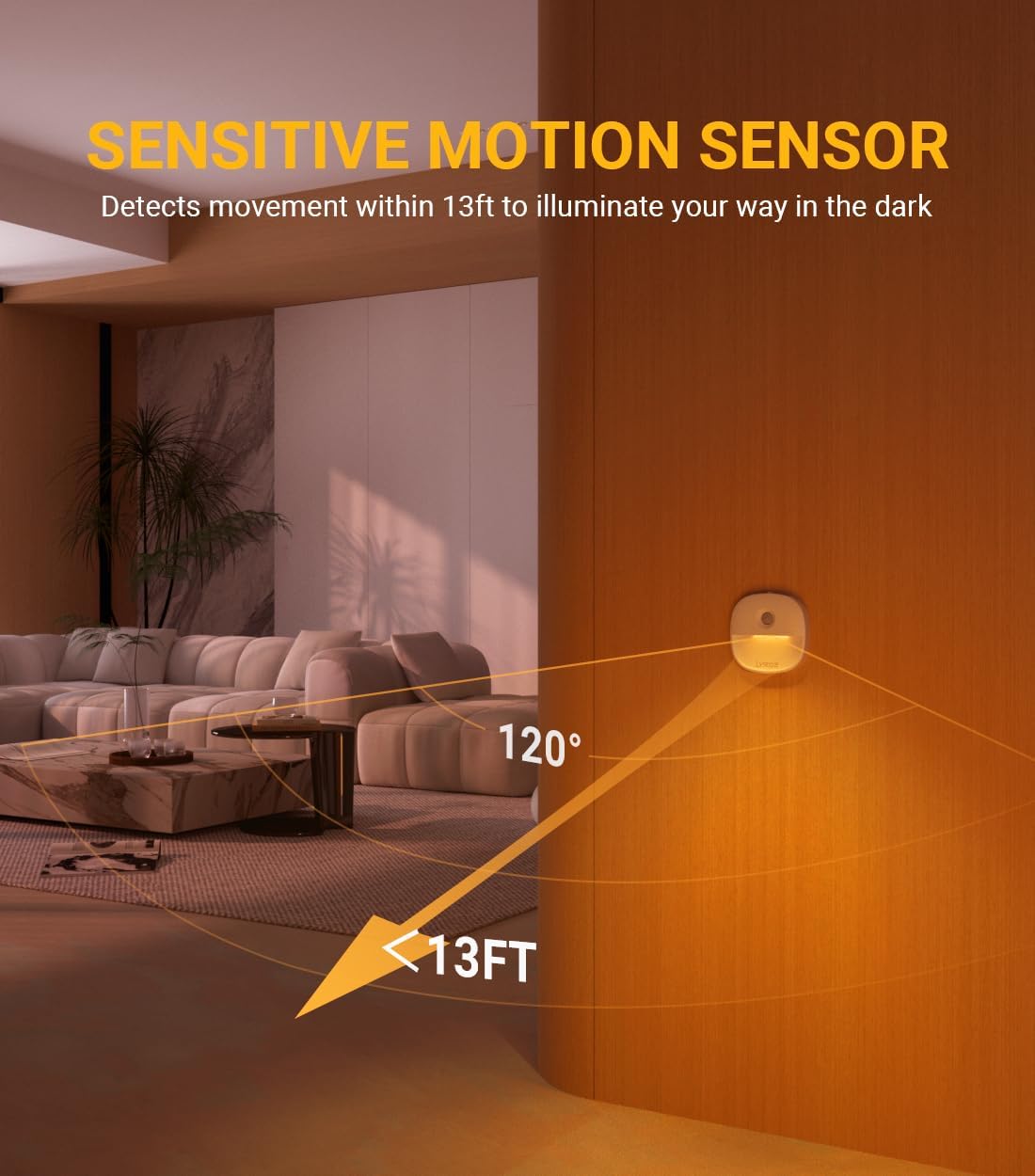Lyridz Rechargeable Battery Night Light with Motion Sensor, Dimmable Amber Nightlights for