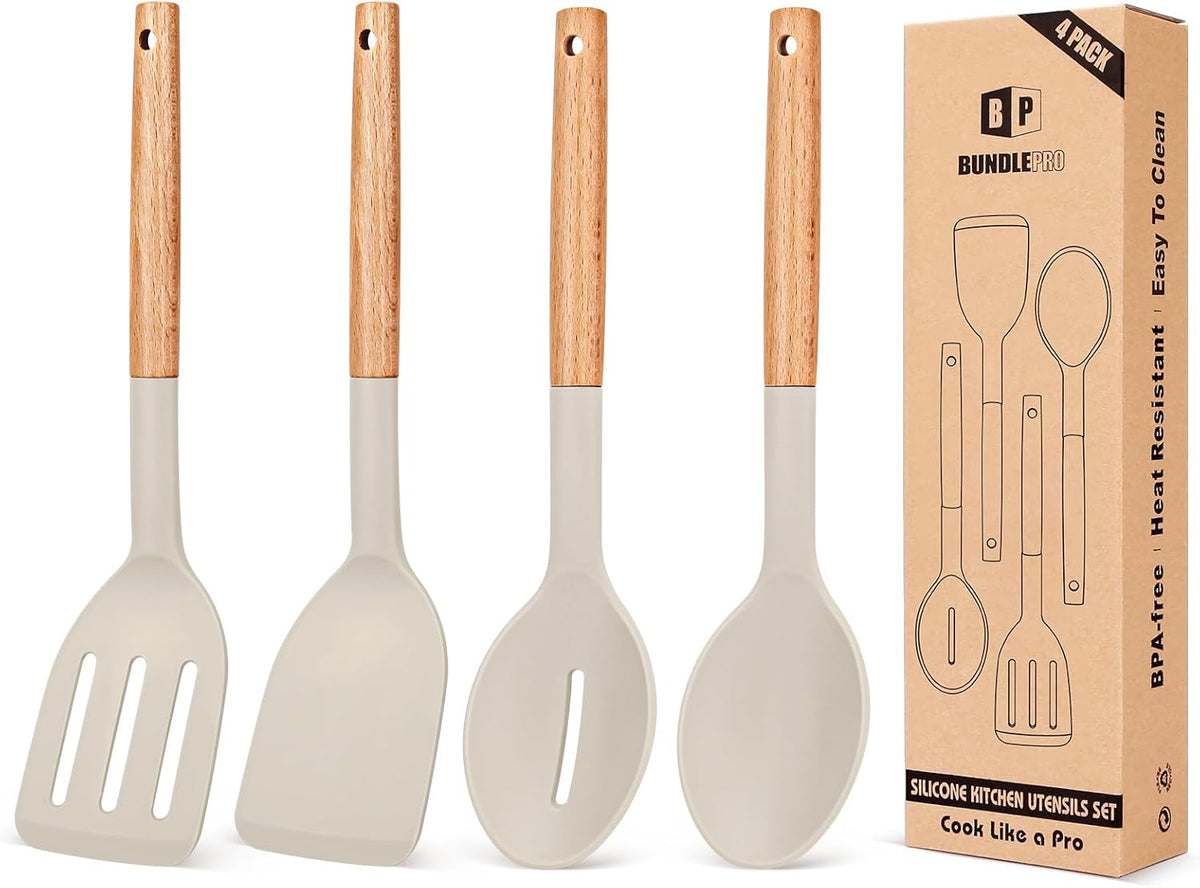 Pack of 4 Silicone Cooking Utensils Set, Non Stick Solid Spatulas and Heat Resistant Slotted Spoons