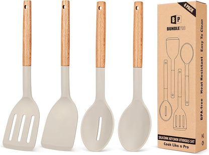 Pack of 4 Silicone Cooking Utensils Set, Non Stick Solid Spatulas and Heat Resistant Slotted Spoons